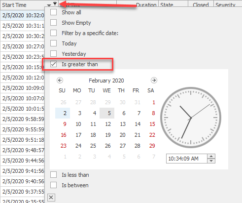 Filtering by Start Time in the Event Logs